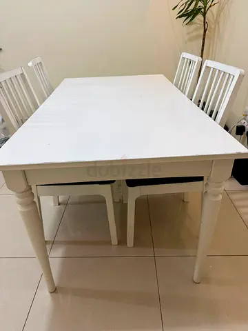 White Wooden Dining Table with 4 Chairs - Good Condition