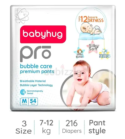 Babyhug Pro Bubble Care Premium Baby Diapers - Size M, 216 Pants (7-12kg)