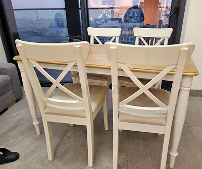 Solid Wood 4-Seater Dining Table with Cross-Back Chairs - Light Cream