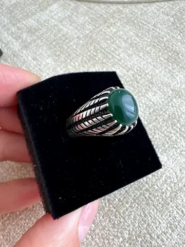 Men's Silver Tone Ring with Green Cabochon Stone