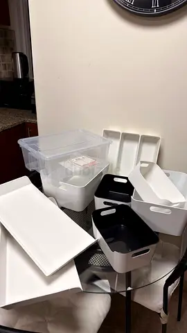 Set of plastic storage bins and trays — good condition