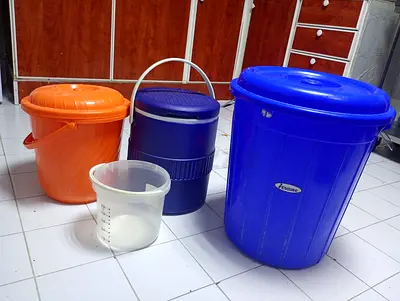 Set of plastic water/storage buckets and containers - used