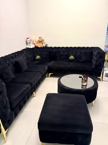 L-shaped Black Velvet Corner Sofa Set with Ottoman and Coffee Table