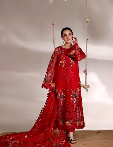 Aneelas 4 piece large Red embroidered traditional party wear luxury dress fully loaded embroidered