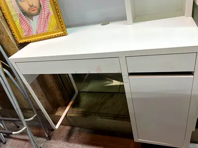 White Modern Desk with Drawer and Cabinet - Good Condition