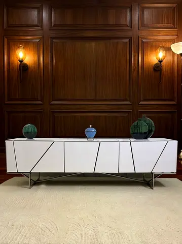 Ligne Roset Modern White Low TV Cabinet / Sideboard with Geometric Panels