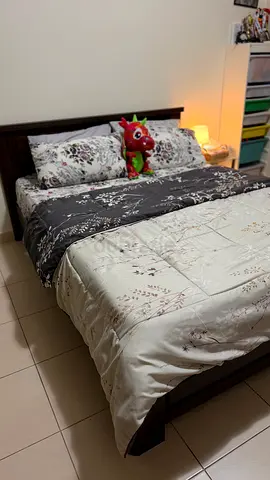 Queen wooden bed frame with mattress and bedding - Urgent Sale