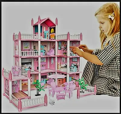 Large Pink Dollhouse with Furniture - 3-4 Storey Playset