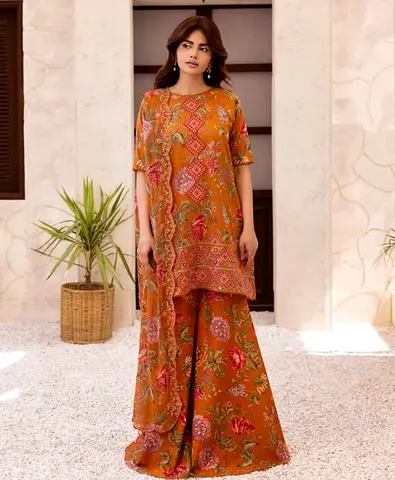 Orange floral lawn printed embroidered brenish brand with bamber chiffon cut work embroidered dupata