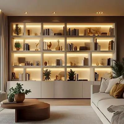 Modern Built-in Wall Shelving Unit with LED Lighting