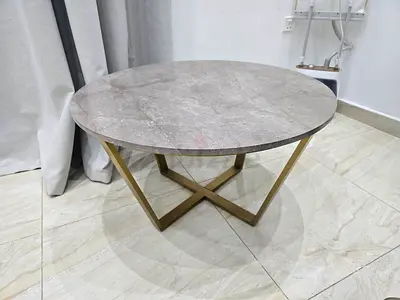 Round Marble-Top Coffee Table with Gold Metal Base