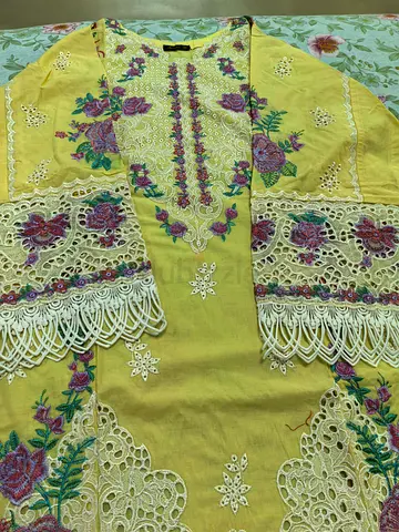Yellow embroidered Aneelas 3 piece luxury Medium size available with embroidered chiffon duppata