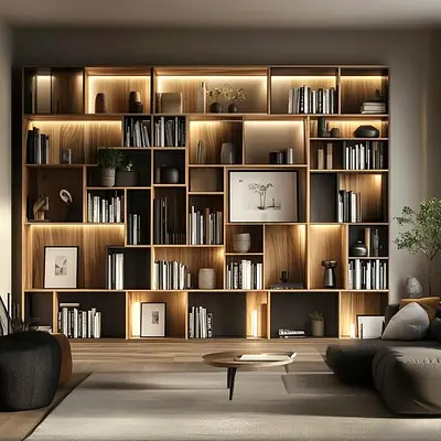 Large Modern Wooden Bookcase with Built-in LED Lighting
