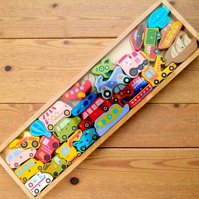 Wooden Puzzle Tray with 26 Colorful Vehicle Pieces (Kids)