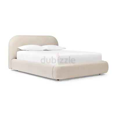 Beige Upholstered Low-Profile Double Bed with Rounded Headboard