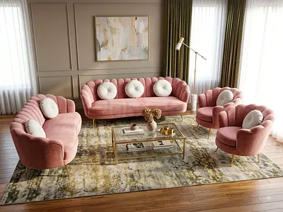 Vintage-style pink velvet sofa set with two armchairs