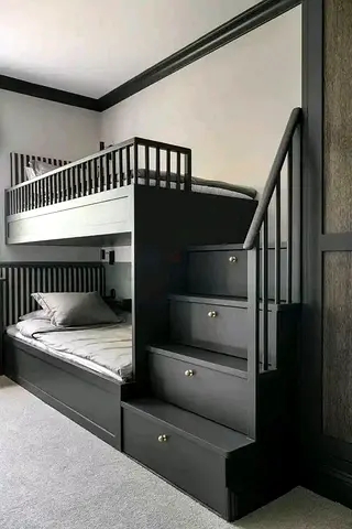 Solid wood built-in bunk bed with storage stairs - dark grey