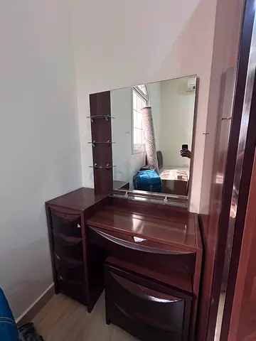 Dark Wood Dressing Table with Mirror and Shelves - Good Condition