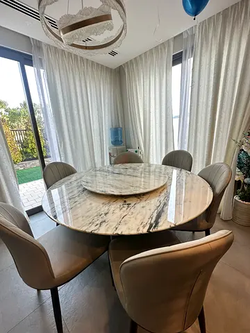 Round Marble Dining Table with 6 Upholstered Chairs - Excellent Condition
