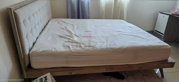 King size wooden bed frame with upholstered headboard - good condition
