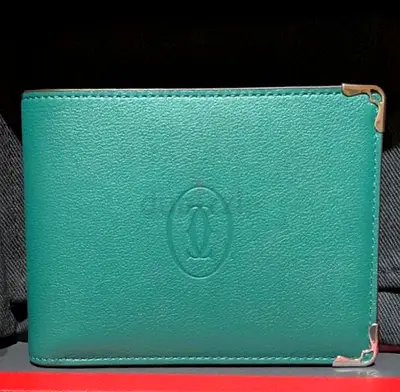 Teal leather bifold wallet with metal corner cartier wallet 6 cards protectors