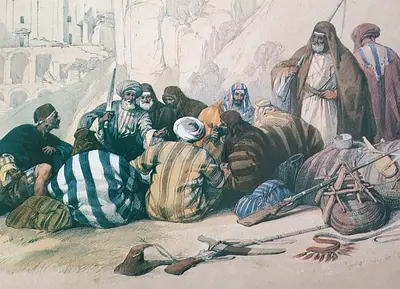Signed 19th Century Orientalist Lithograph - Group of Men Scene, 35 x 25 cm
