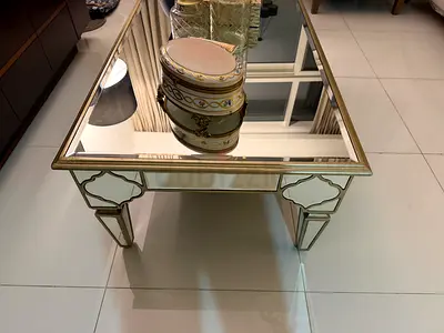 Glass Top Mirrored Coffee Table with Gold Trim - excellent Condition