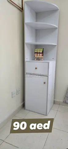 White Corner Storage Cabinet with Shelves and Drawer -