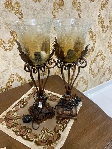 Pair of Vintage-Style Table Lamps with Amber Crackle Glass Shades