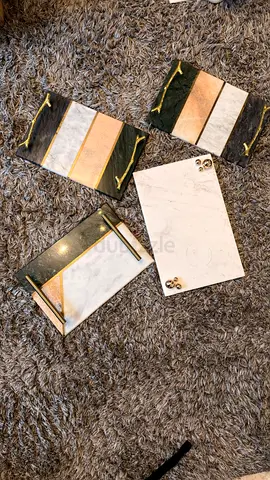 Marble & Brass Decorative Serving Trays - Set of 4 (White, Green, Gold Accents)