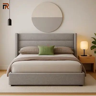 Modern Upholstered Bed Frame with Winged Headboard