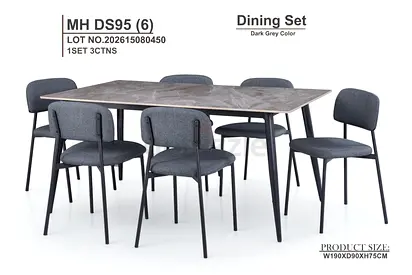 Dark Grey 6-Seater Dining Table Set with Upholstered Chairs