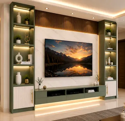 Modern built-in entertainment center with LED shelving and TV console