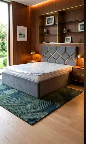 Grey upholstered storage bed with headboard – single/queen (see size)
