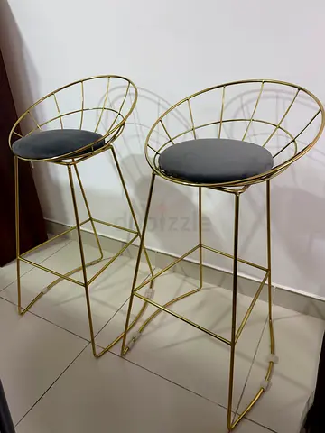 Pair of Modern Gold Metal Bar Stools with Grey Velvet Cushions
