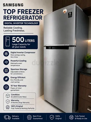 Samsung 500L Top Freezer Refrigerator
* Digital Inverter Technology
* 500 Liters Large Capacity