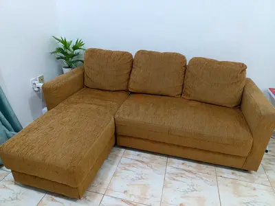 3-seater L-shaped sofa with chaise - light brown corduroy fabric
