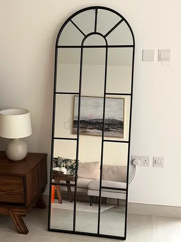 Large Black Framed Arched Grid Wall Mirror - Good Condition