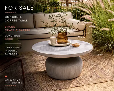 Crate & Barrel Concrete Round Coffee Table — Indoor/Outdoor, Good Condition