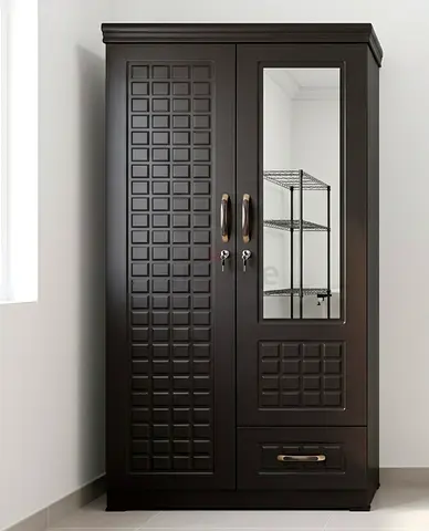 Dark Brown Two-Door Wardrobe with Mirror and Drawer