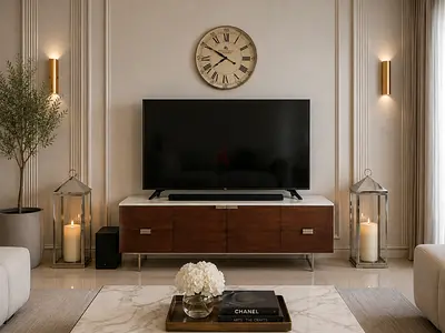 West Elm Wooden TV Console & Biffet Cabinet with Marble Top — Modern Entertainment Unit