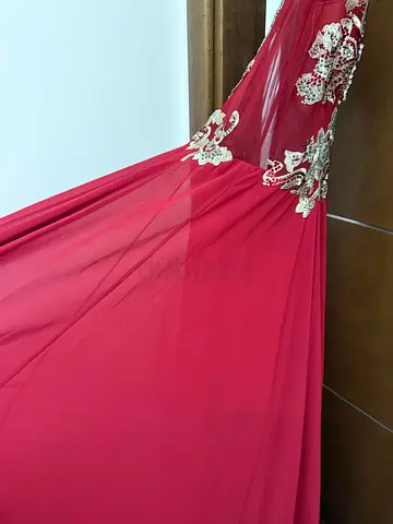 Elegant Red Evening Gown with Gold Floral Embroidery / فستان