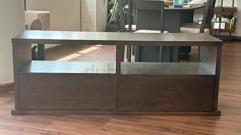 Dark Wood TV Stand / Media Console with Open Shelves and Drawers