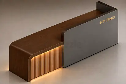 Modern wooden reception desk with integrated lighting — excellent condition