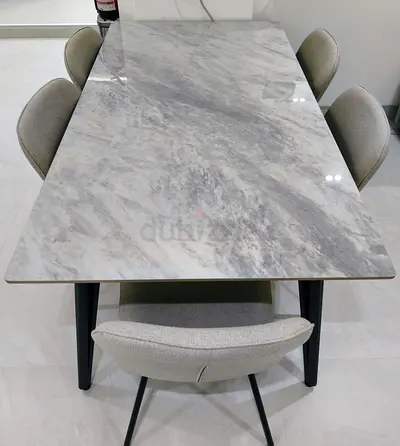 Marble-top Dining Table with 5 Upholstered Chairs - Excellent Condition