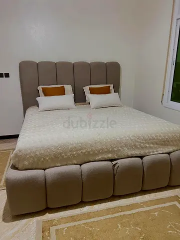King Size Upholstered Bed with Padded Headboard - Beige