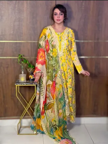 Yellow Floral Embroidered Long Women's Dress with Matching Dupatta aneelas 3 piece embroidered