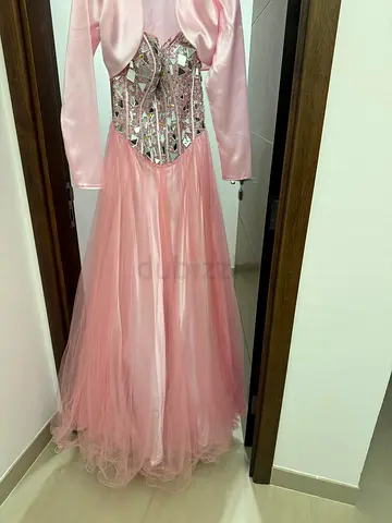 Pink evening gown with gold lace appliqué - size available 12