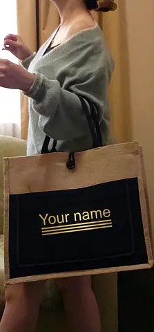 Customizable jute tote bag with front pocket - excellent condition