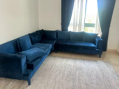 Dark Blue L-shaped Velvet Sofa - Good Condition